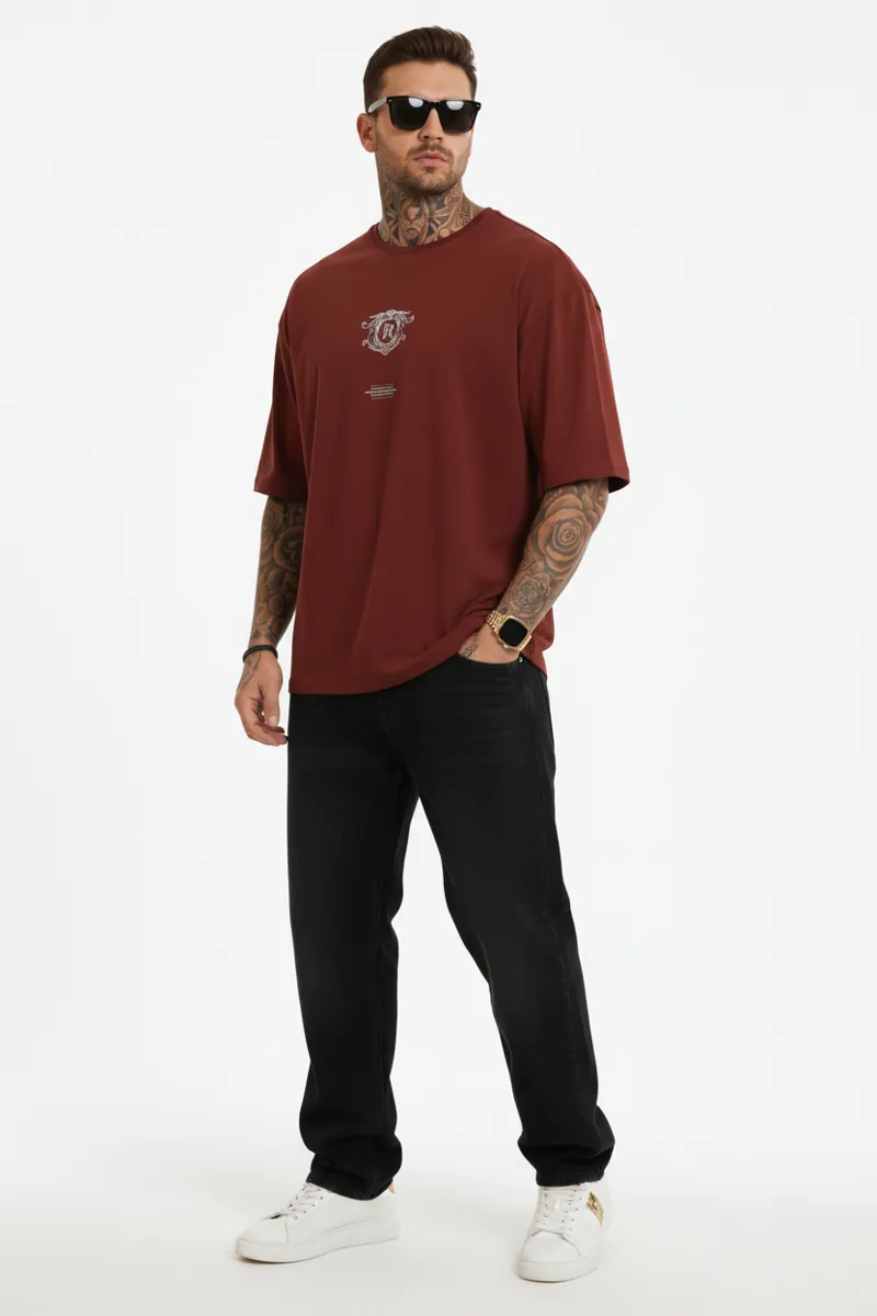 US VESTA Men's Maroon Oversized Graphic T Shirt 100% Cotton Premium Loose Fit Streetwear Casual Printed Tee for Men (M-XXL)