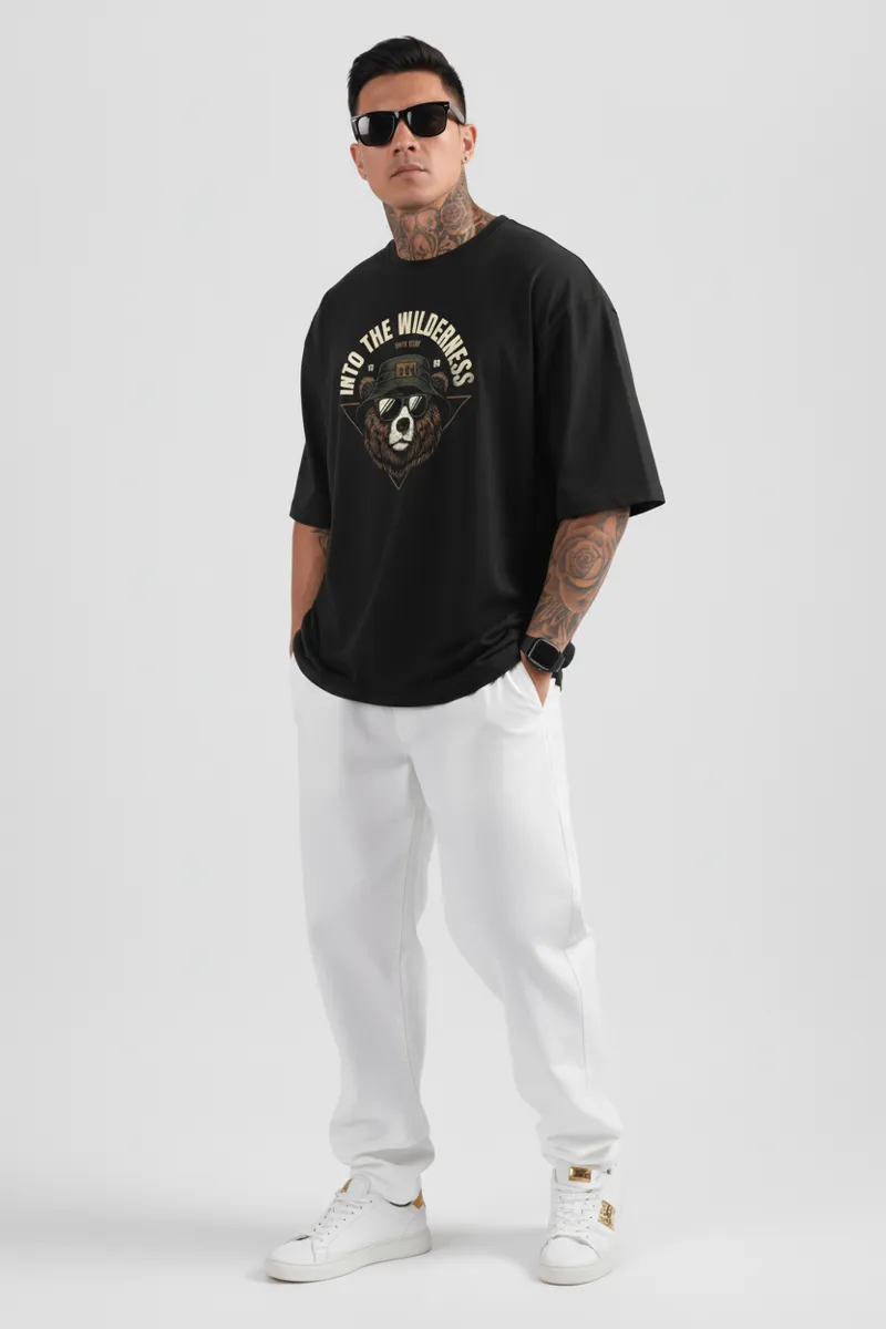 US VESTA Men's Black Oversized Graphic T Shirt 100% Cotton Premium Loose Fit Bear Print Streetwear Casual Printed Tee for Men (M-XXL)