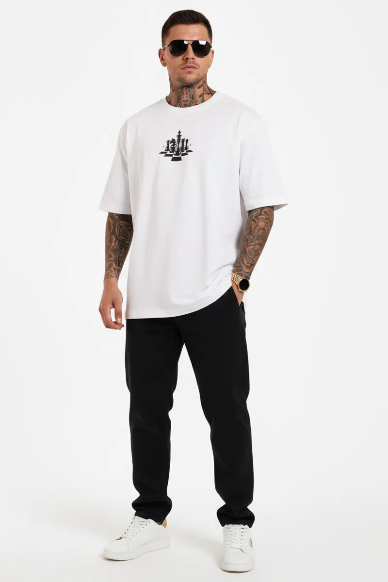 US VESTA Men’s Oversized Cotton T-Shirt – Chess Graphic Print – 100% Cotton Casual Streetwear Tee (M-XXL)